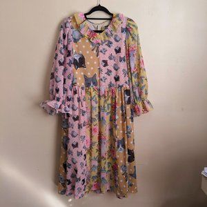 Unlogical Poem Cat Colorblock Printed Chiffon Dress, Medium